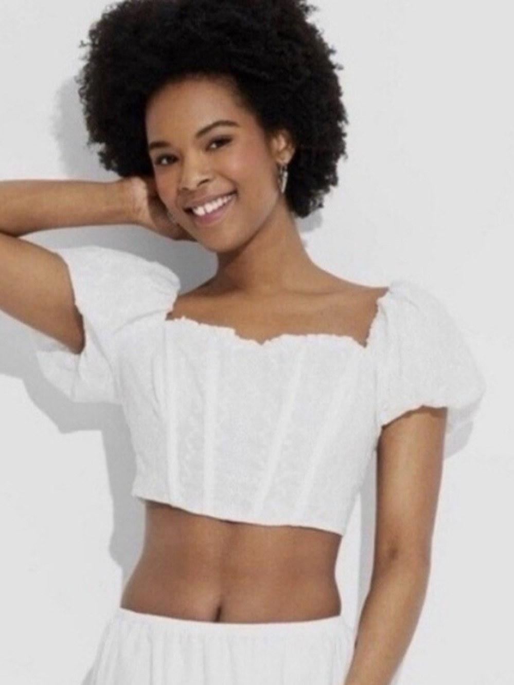 wild fable White Eyelet Puff-Sleeve Cropped Blouse